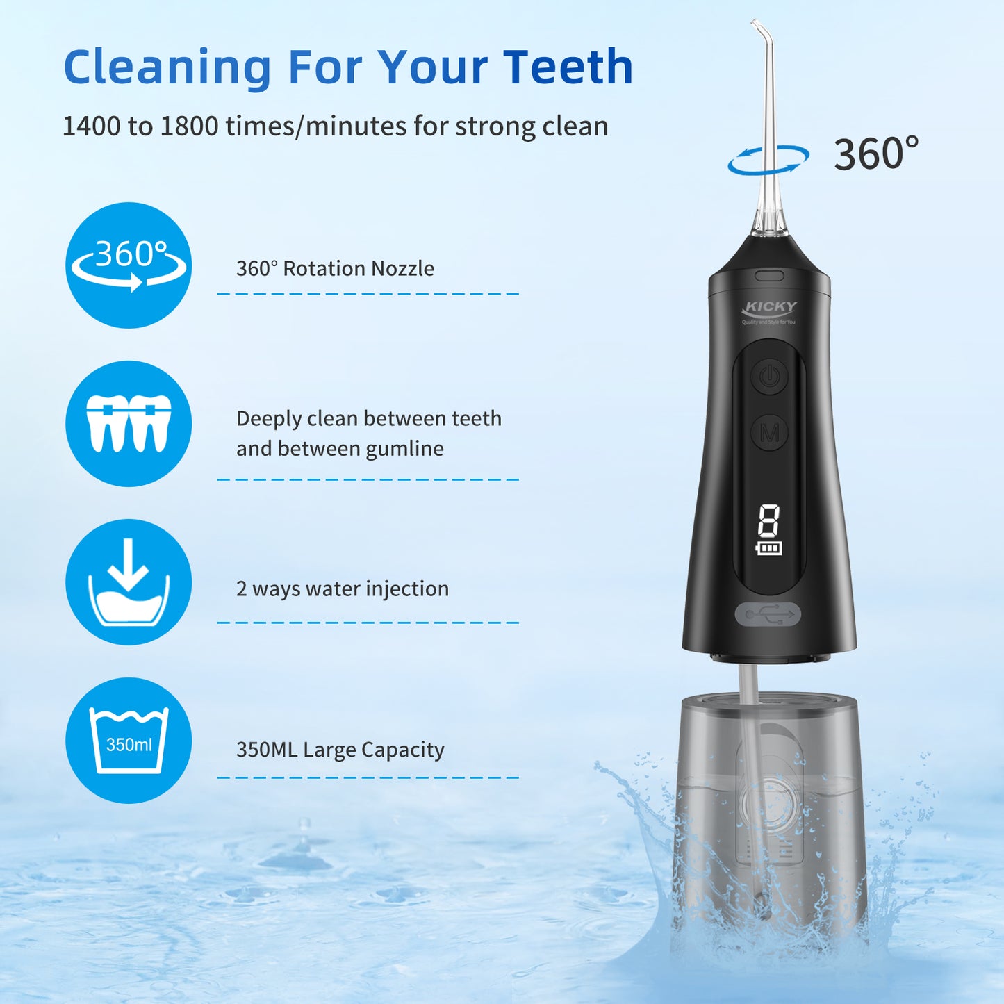 Smart Power Water Flosser – 9 Modes, 30-Day Battery, 360° Nozzle 350ML Tank K33
