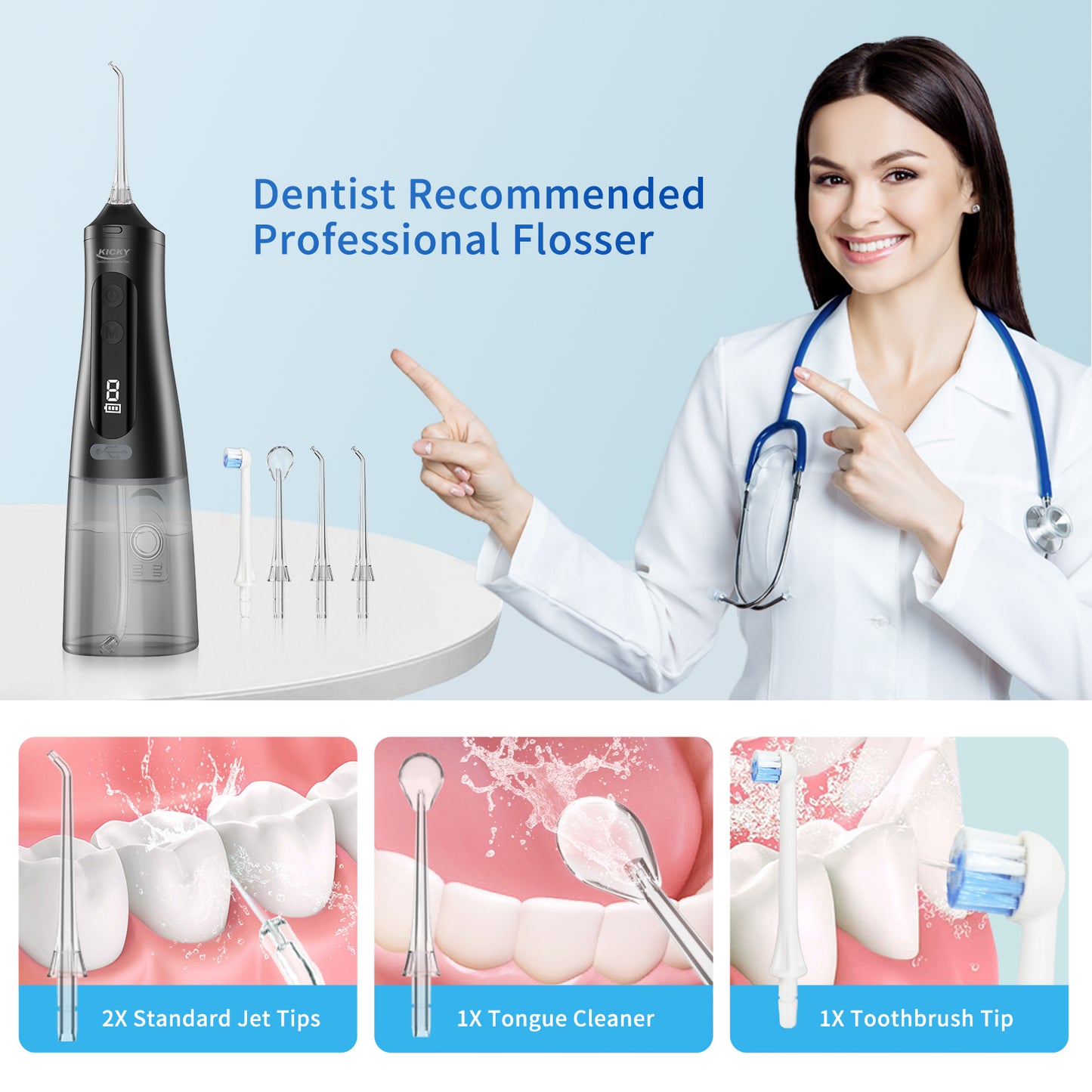 Smart Power Water Flosser – 9 Modes, 30-Day Battery, 360° Nozzle 350ML Tank K33