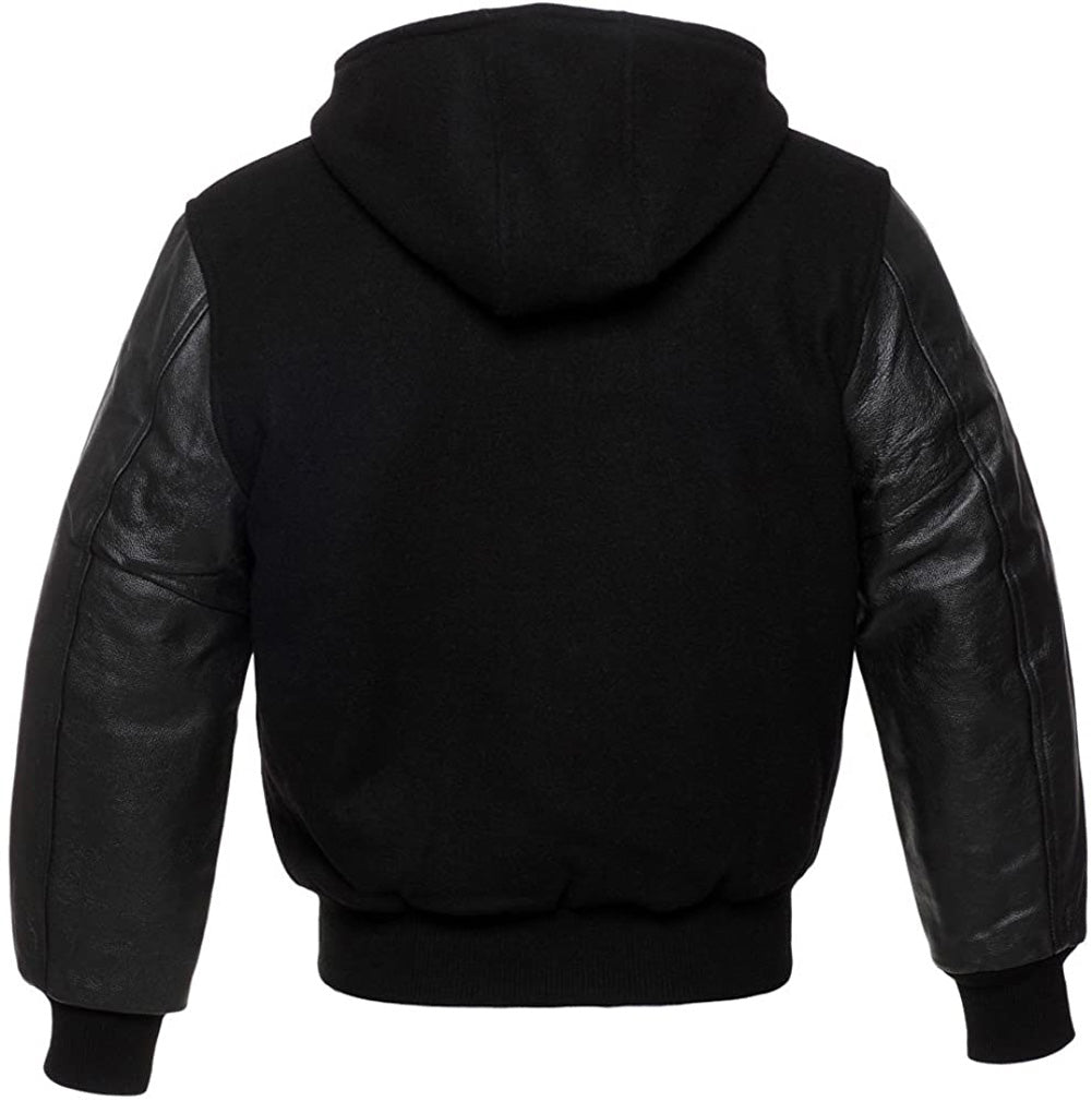 Black Wool/Black Leather Hooded Varsity Jacket