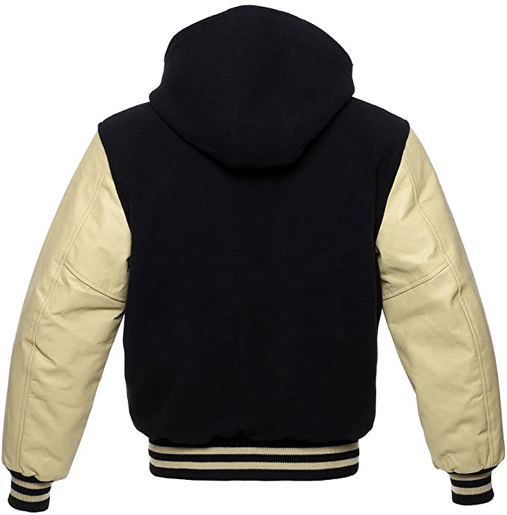 Black Wool/Cream Leather Hooded Varsity Jacket