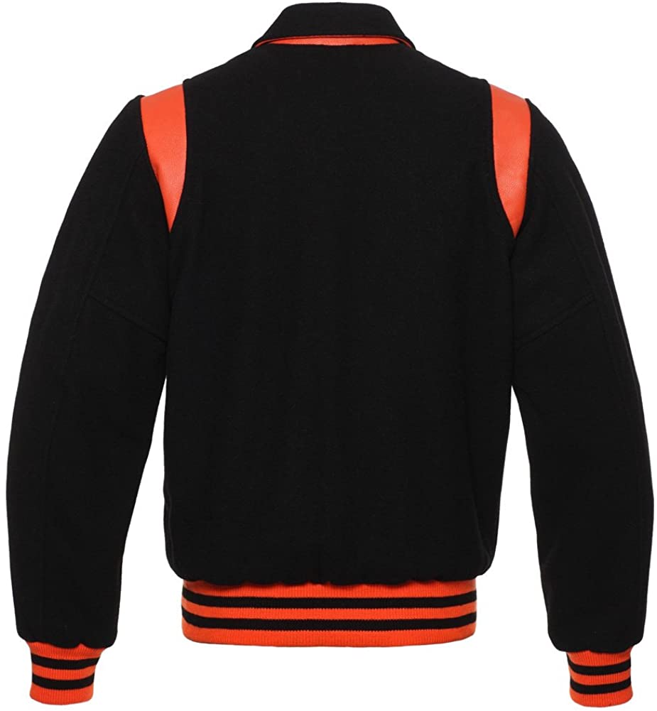 Black Wool/Orange Leather Retro Varsity Jacket
