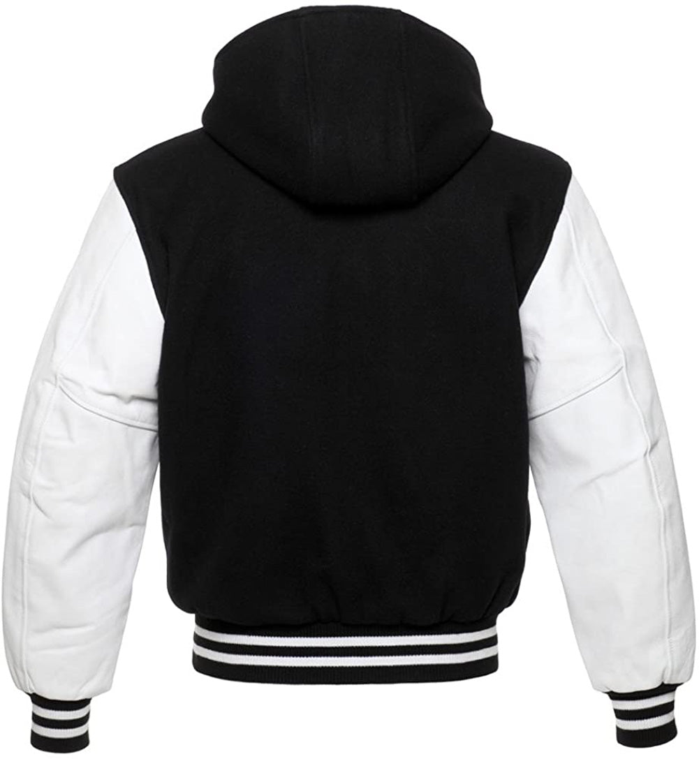 Black Wool/White Leather Hooded Varsity Jacket