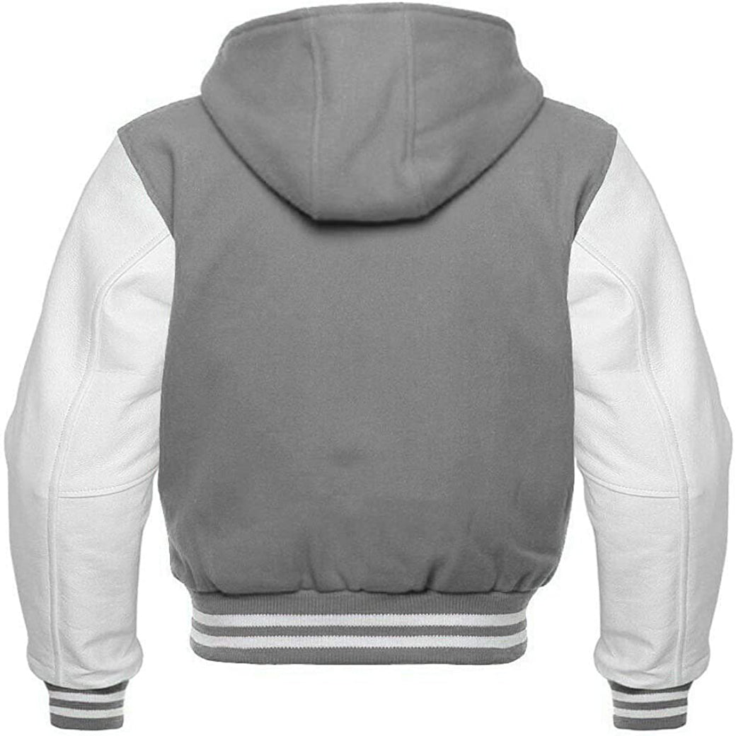 Gray Wool/White Leather Hooded Varsity Jacket