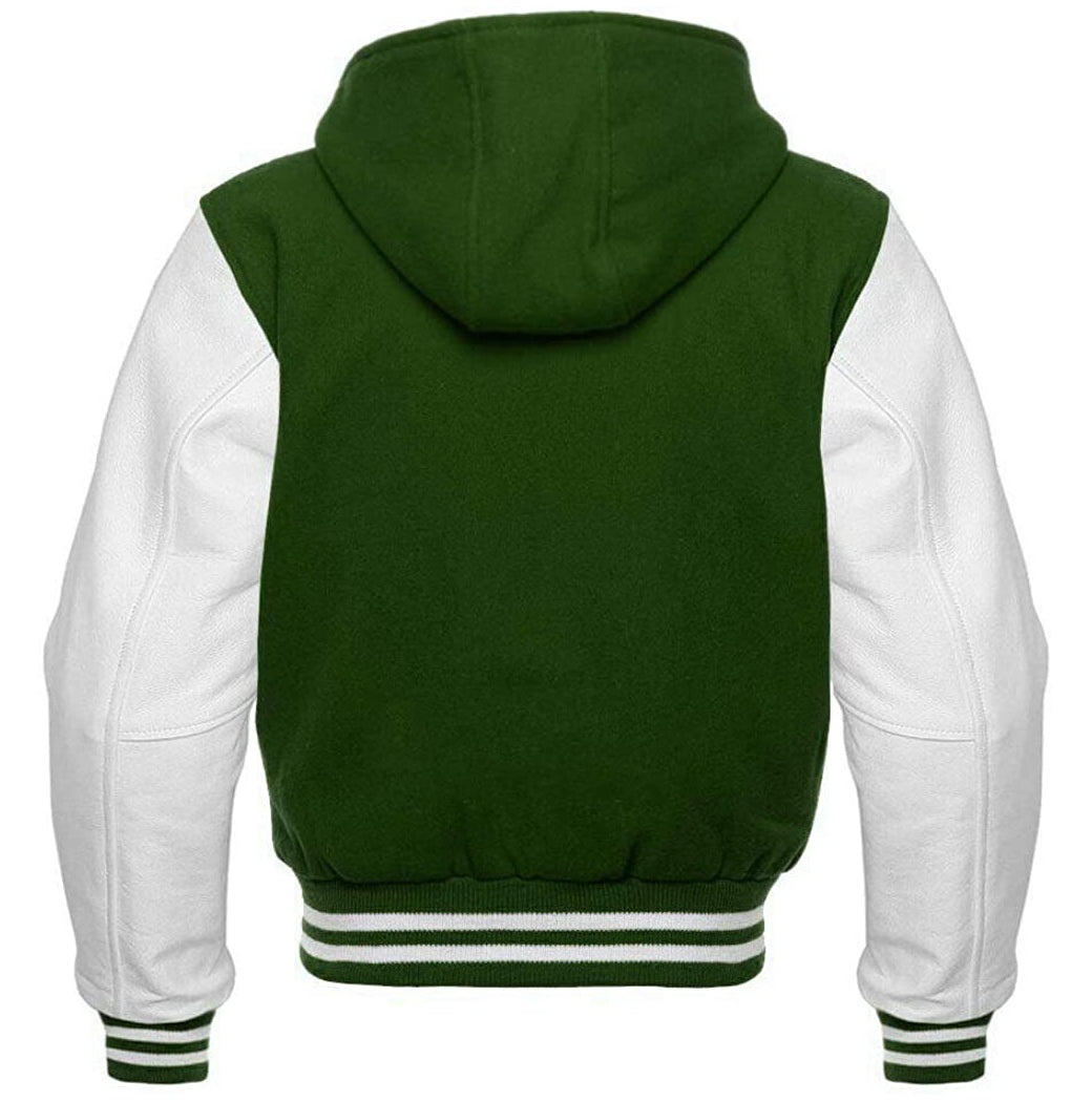 Green Wool/White Leather Hooded Varsity Jacket