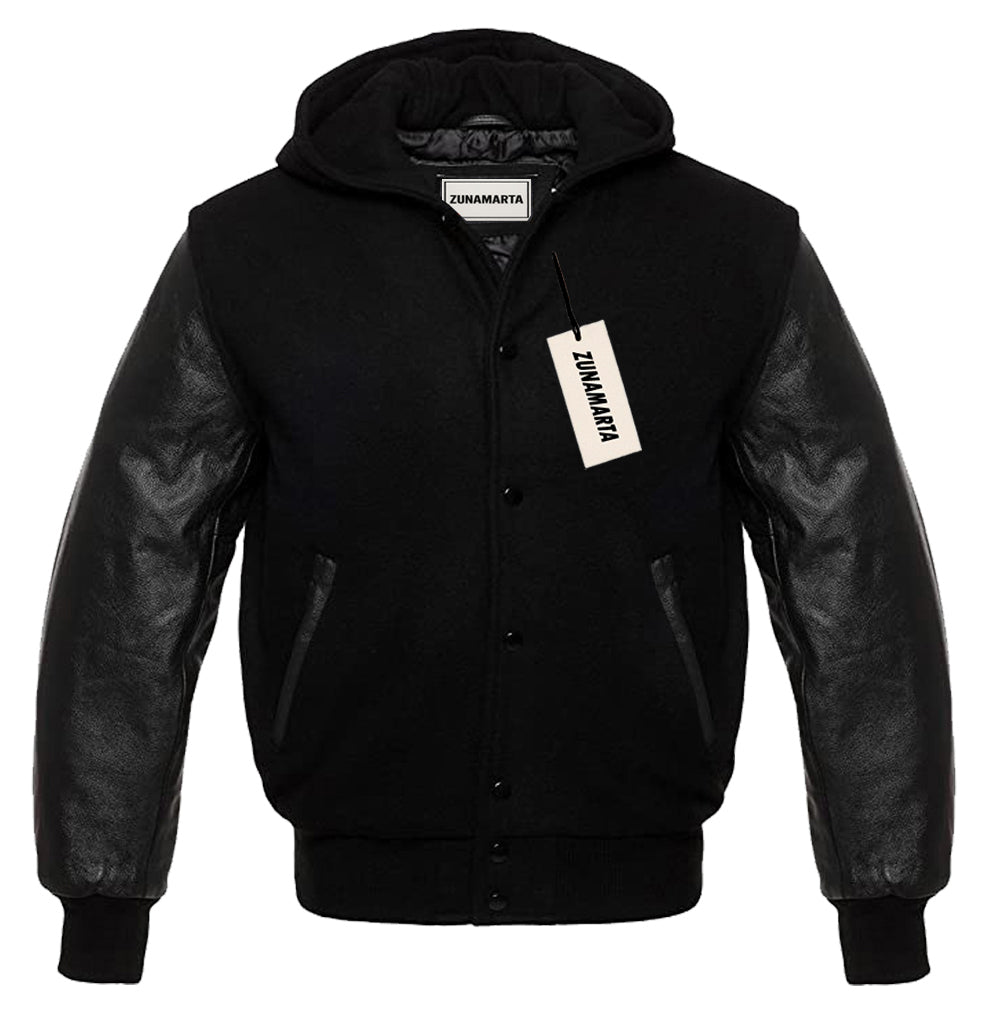 Black Wool/Black Leather Hooded Varsity Jacket