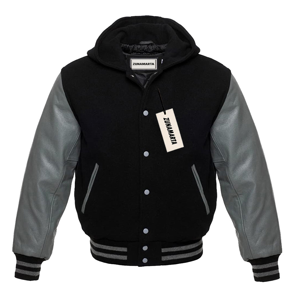 Black Wool/Gray Leather Hooded Varsity Jacket