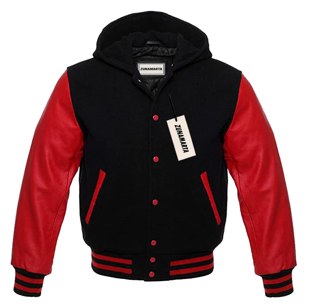 Black Wool/Red Leather Hooded Varsity Jacket