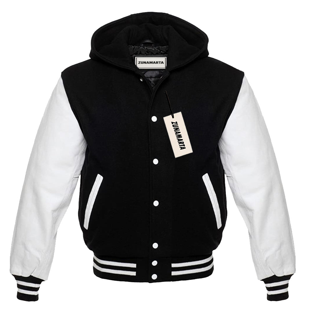 Black Wool/White Leather Hooded Varsity Jacket