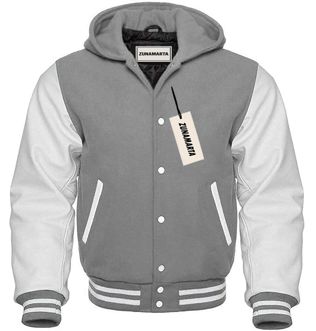 Gray Wool/White Leather Hooded Varsity Jacket