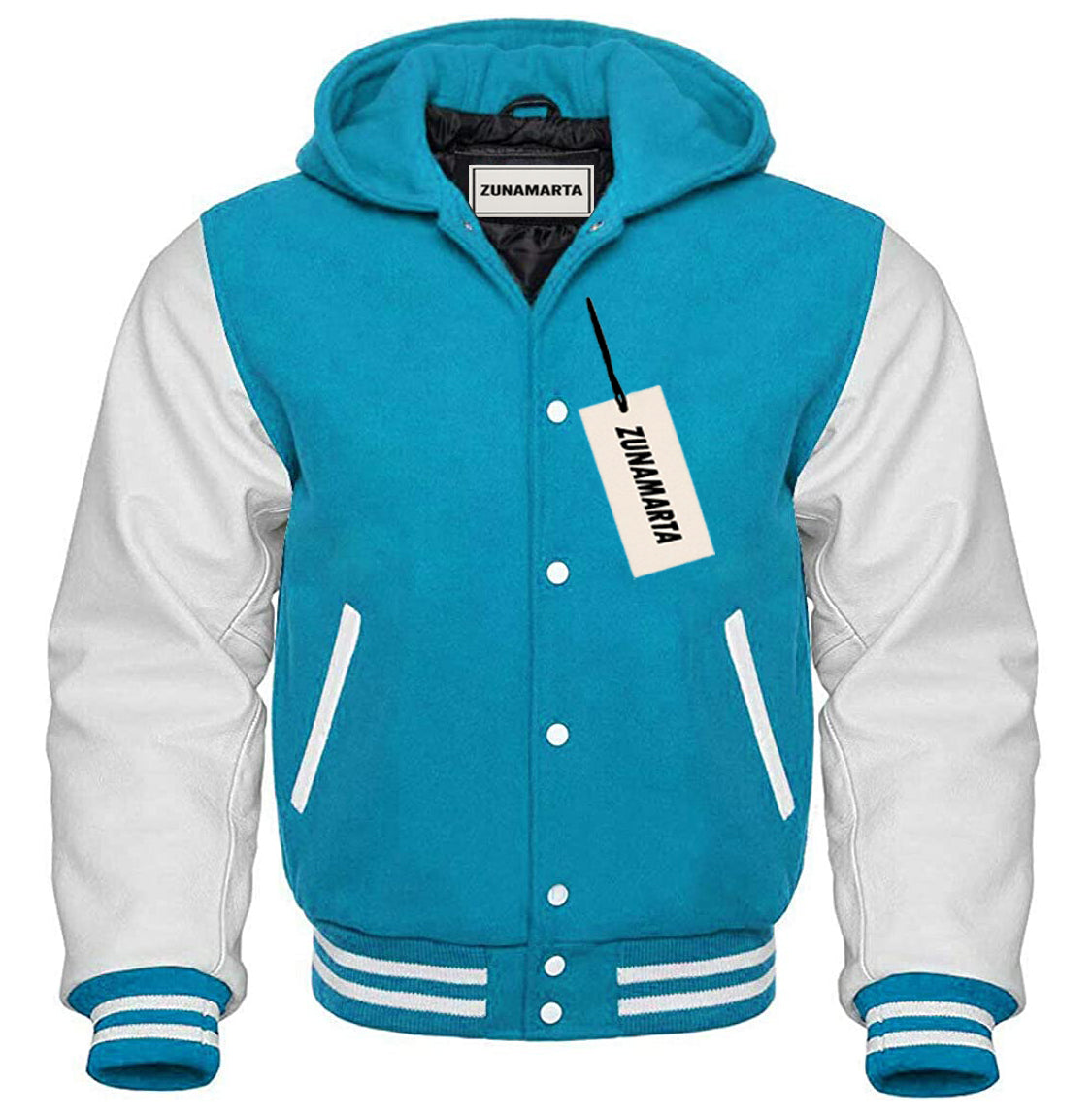 Light Blue Wool/White Leather Hooded Varsity Jacket