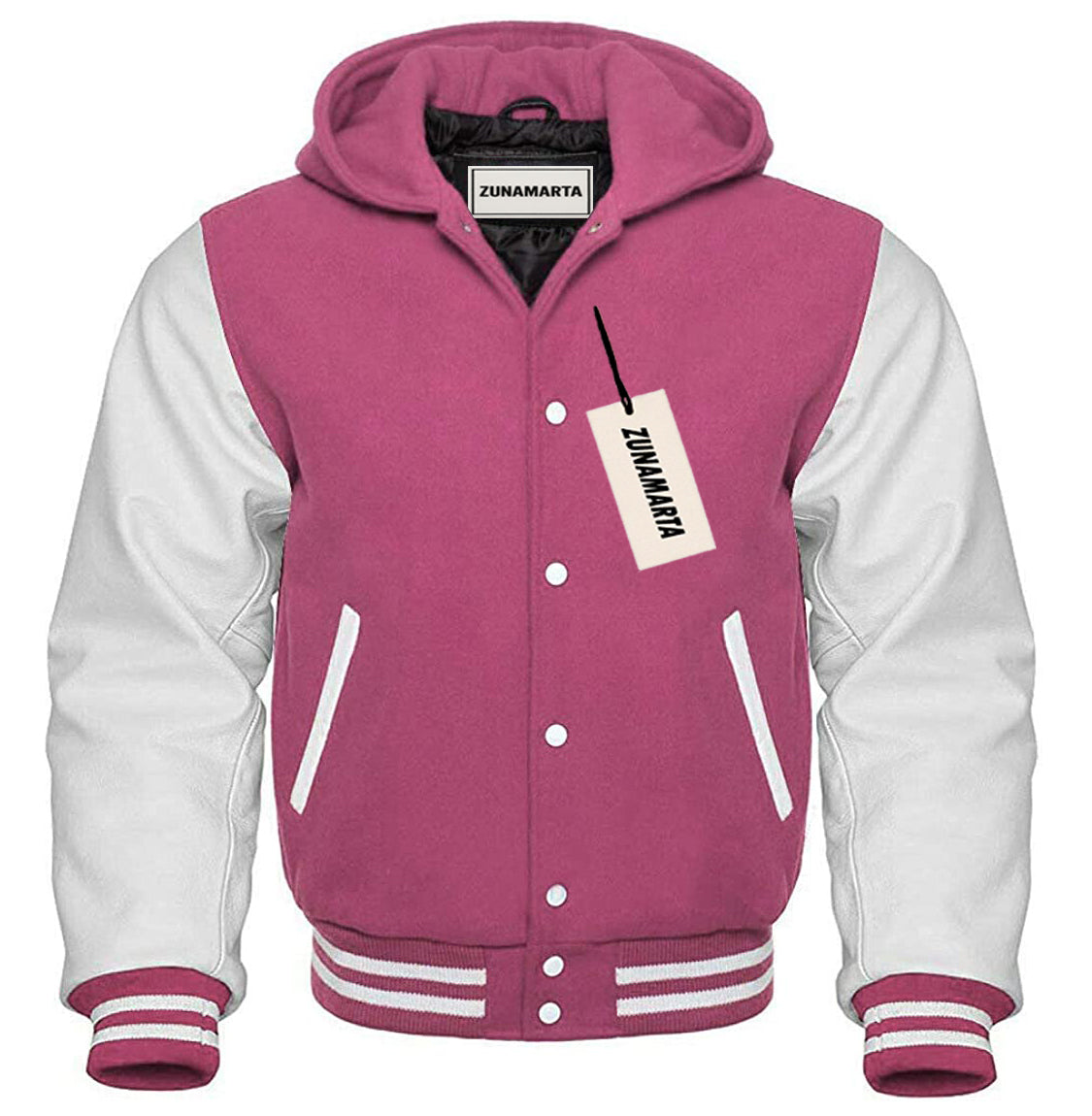 Pink Wool/White Leather Hooded Varsity Jacket