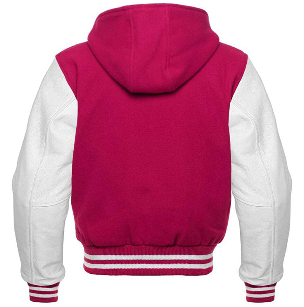 Hot Pink Wool/White Leather Hooded Varsity Jacket