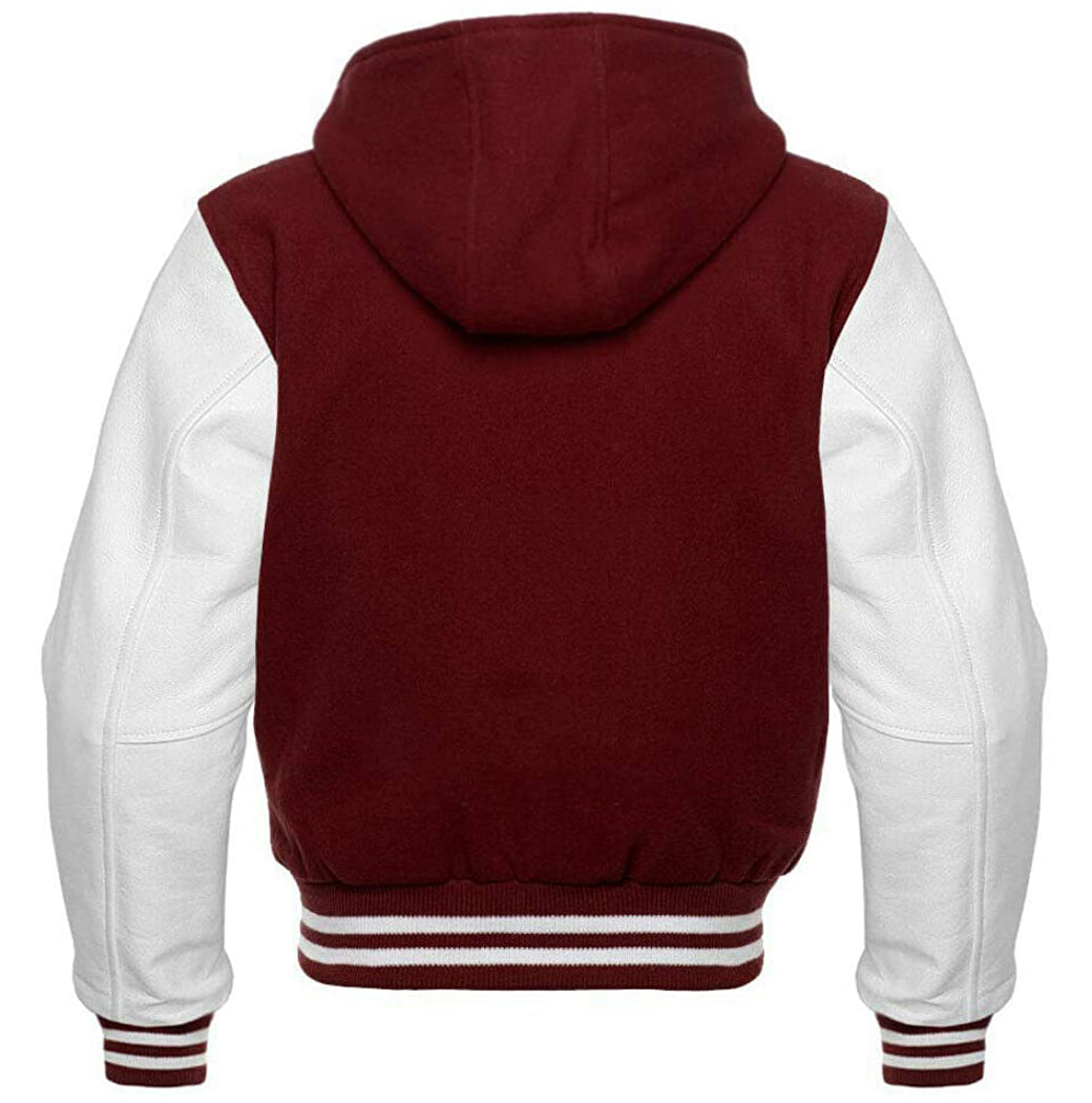 Maroon Wool/White Leather Hooded Varsity Jacket