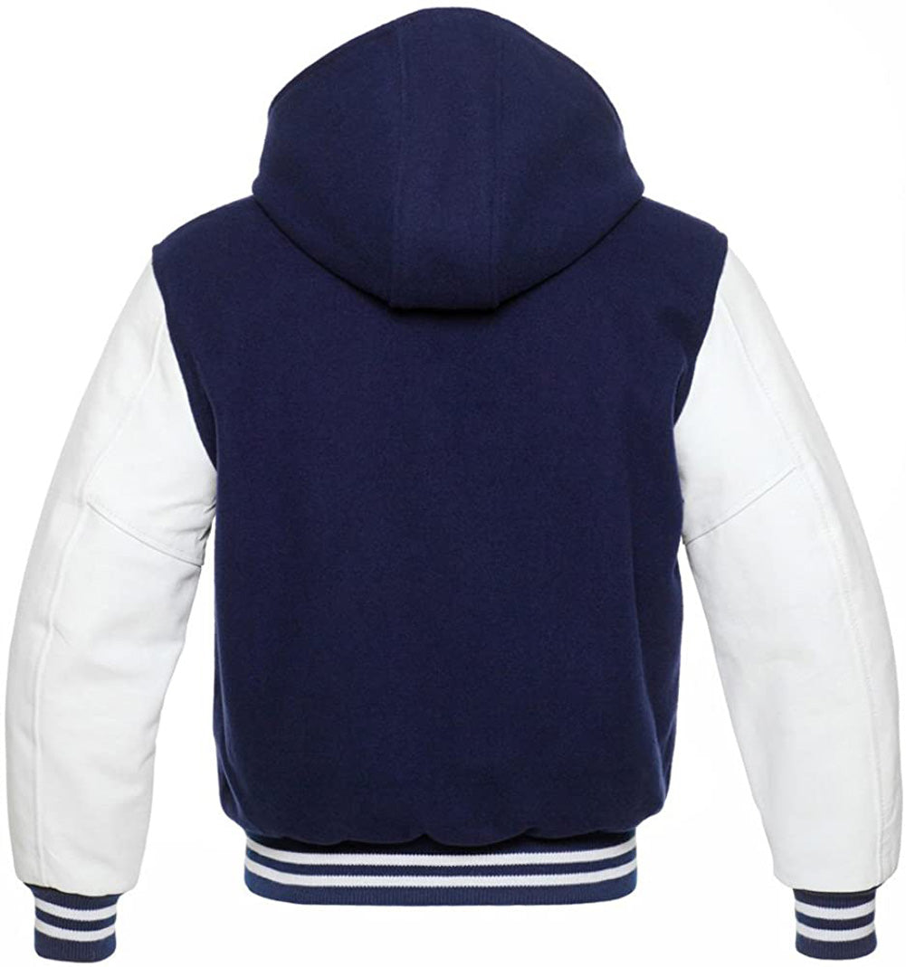 Navy Blue Wool/White Leather Hooded Varsity Jacket