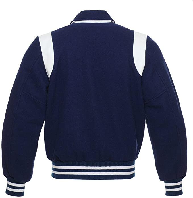 Navy Blue Wool/White Leather Retro Varsity Jacket