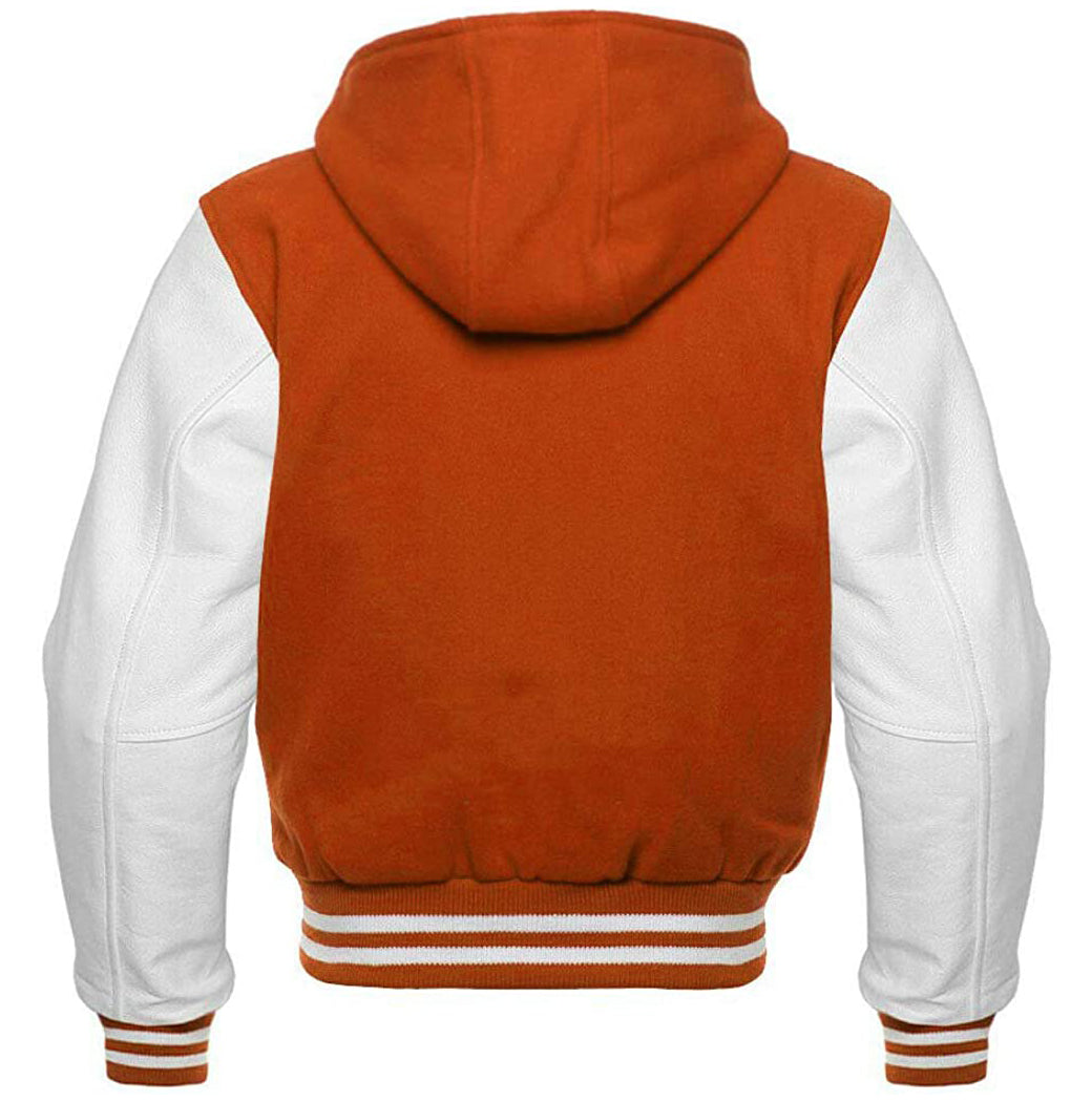 Orange Wool/White Leather Hooded Varsity Jacket