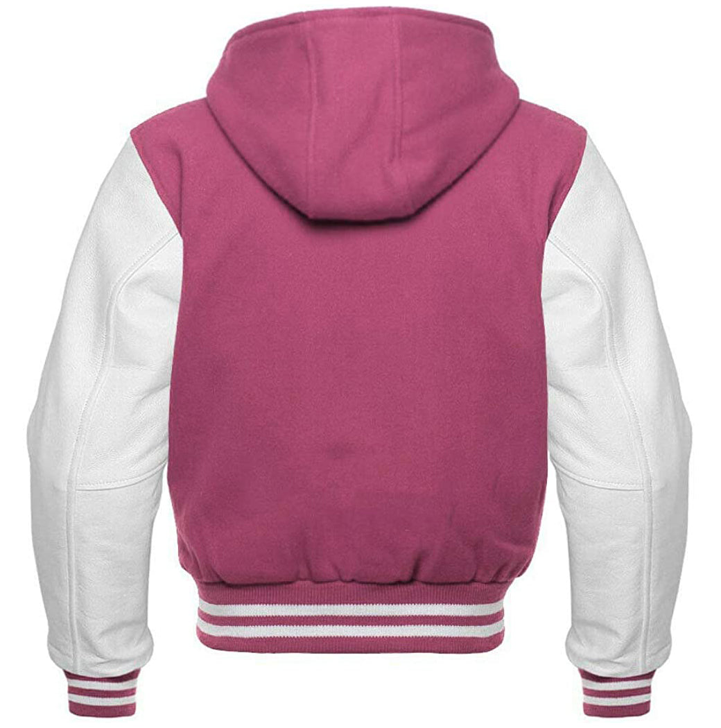 Pink Wool/White Leather Hooded Varsity Jacket