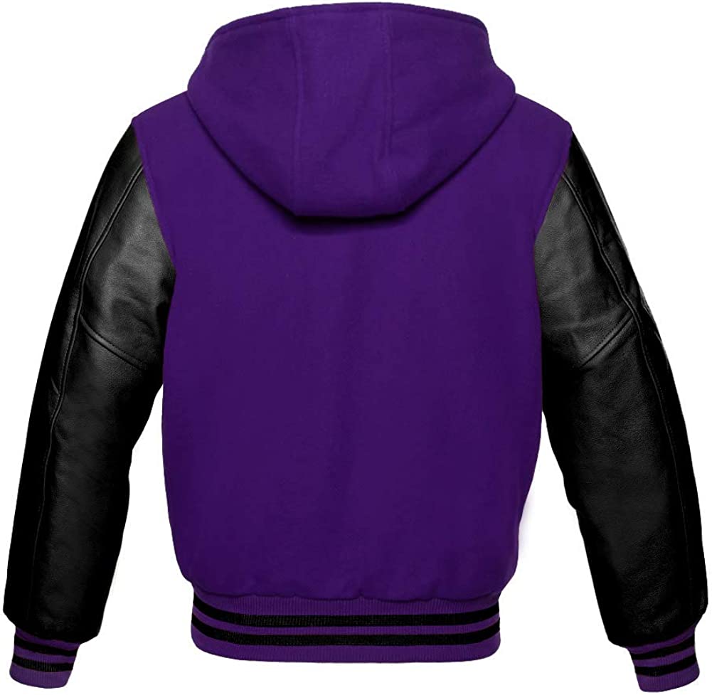 Purple Wool/Black Leather Hooded Varsity Jacket