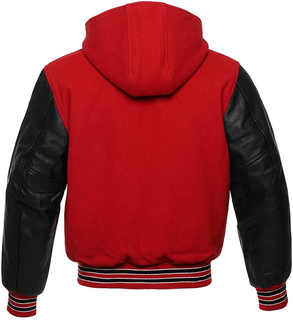 Red Wool/Black Leather Hooded Varsity Jacket