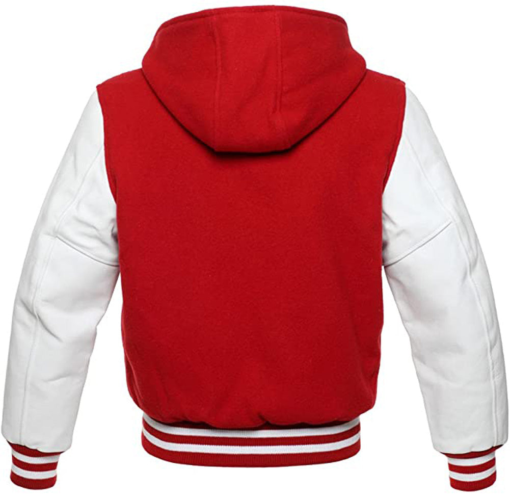 Red Wool/White Leather Hooded Varsity Jacket