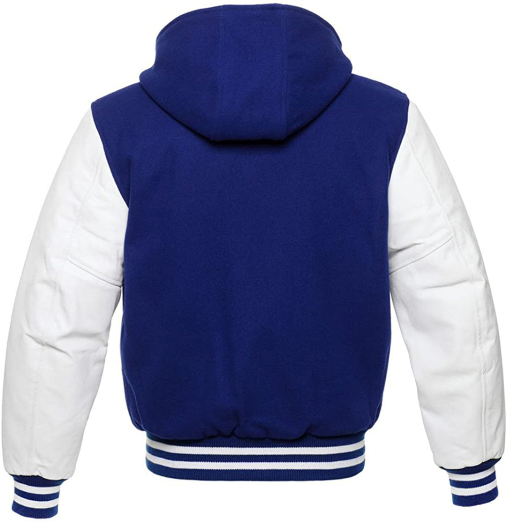 Royal Blue Wool/White Leather Hooded Varsity Jacket