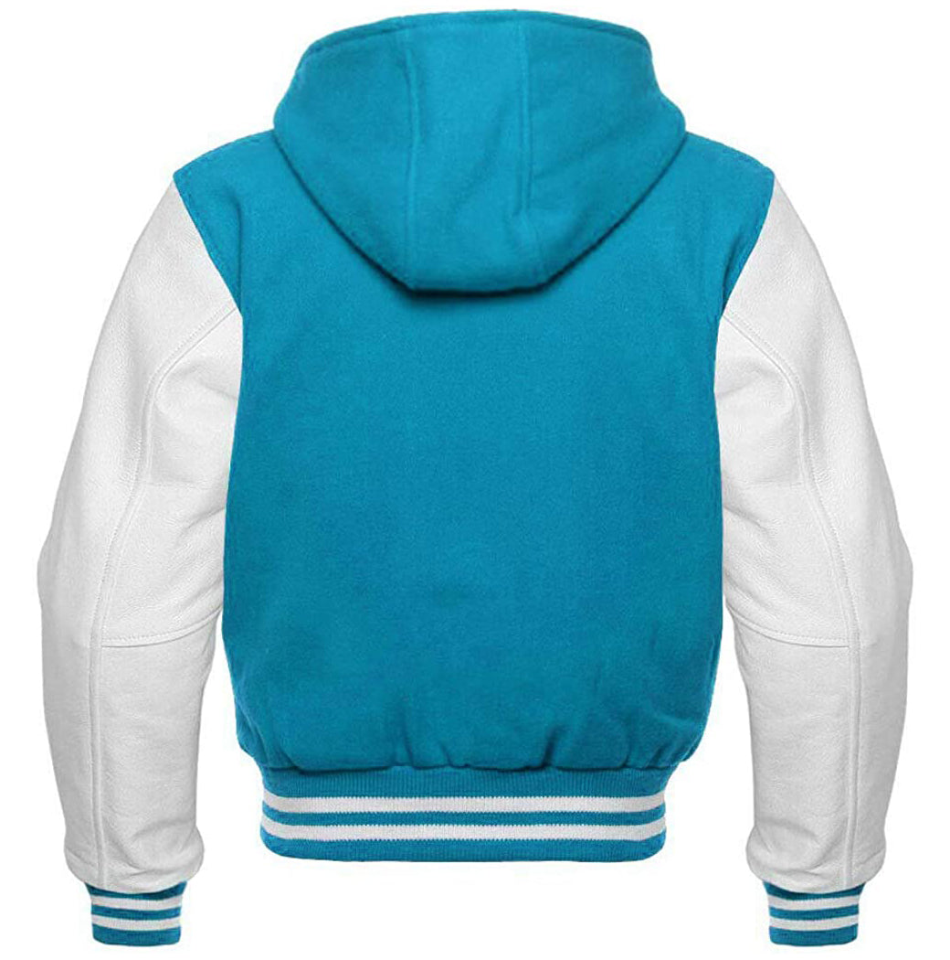 Light Blue Wool/White Leather Hooded Varsity Jacket