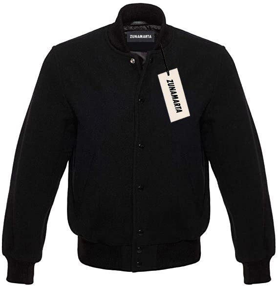 Solid Black Melton Wool Varsity Jacket