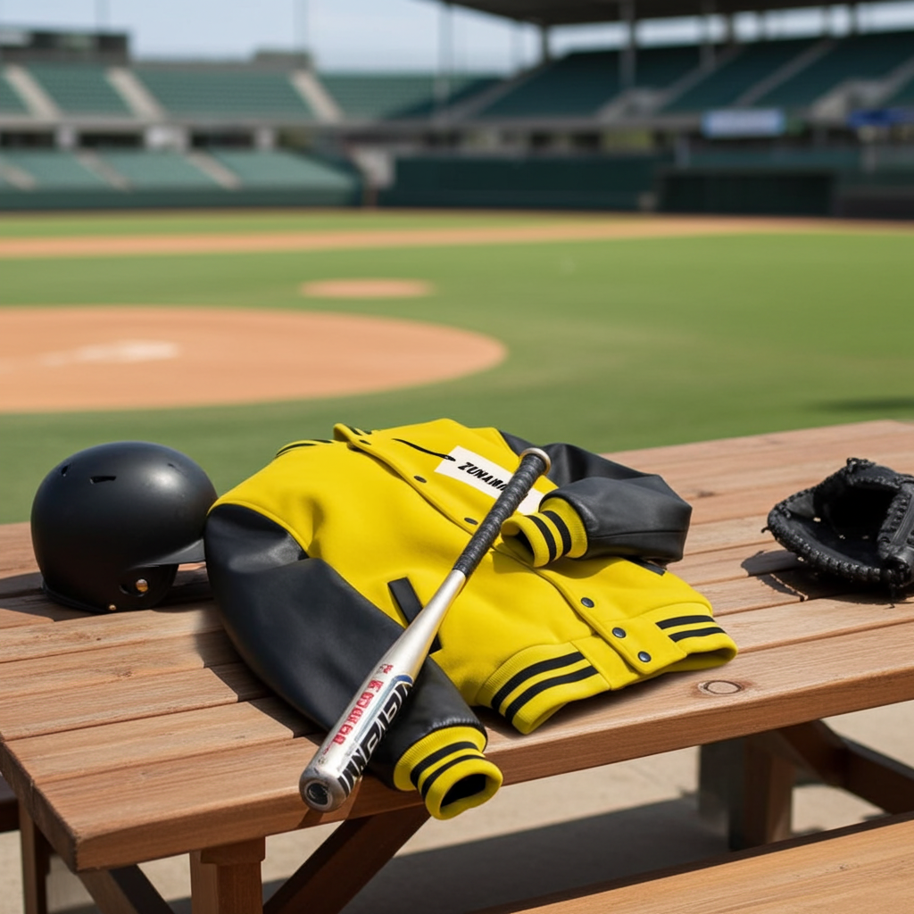 Zunamarta Varsity Jacket Lemon Yellow Wool/Black Leather