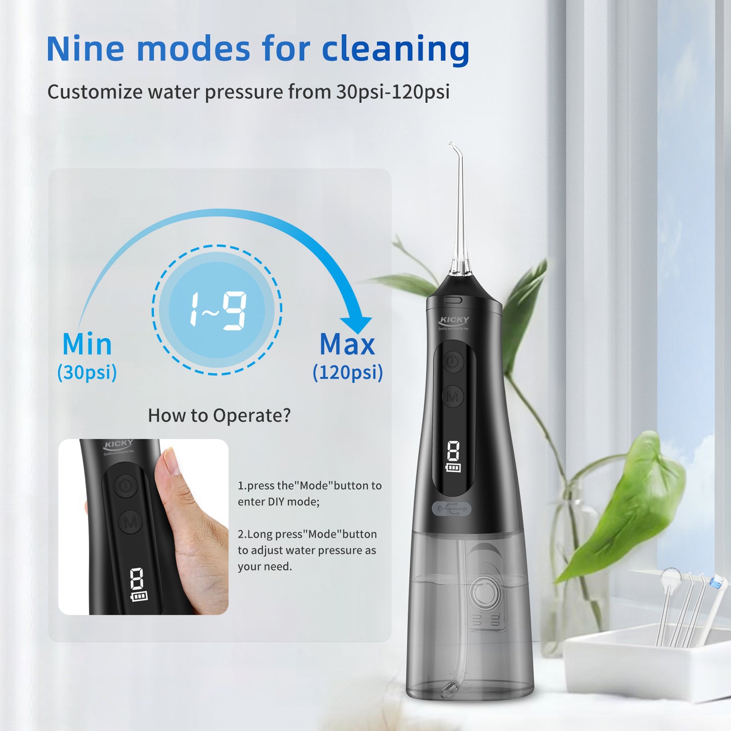 Smart Power Water Flosser – 9 Modes, 30-Day Battery, 360° Nozzle 350ML Tank K33
