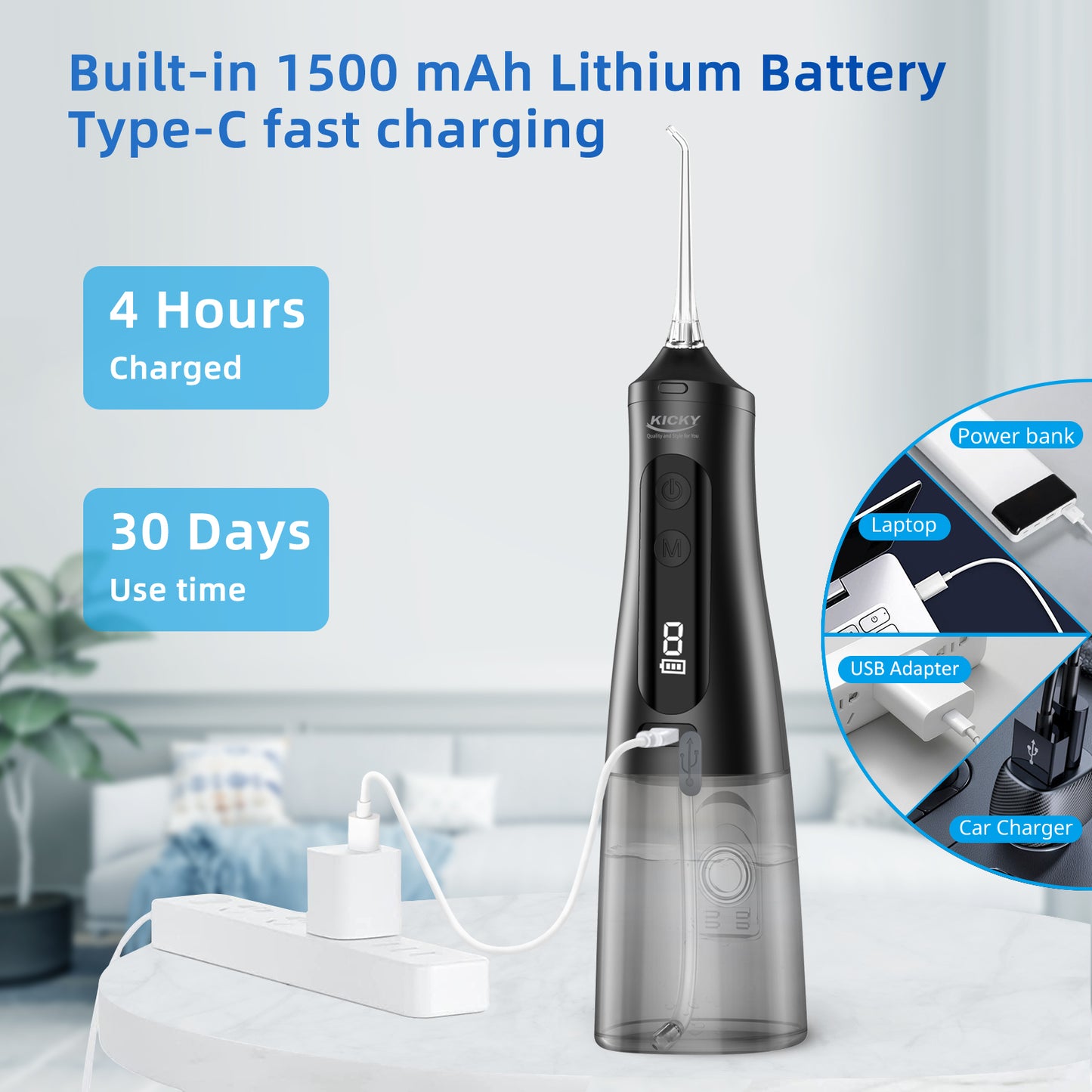 Smart Power Water Flosser – 9 Modes, 30-Day Battery, 360° Nozzle 350ML Tank K33