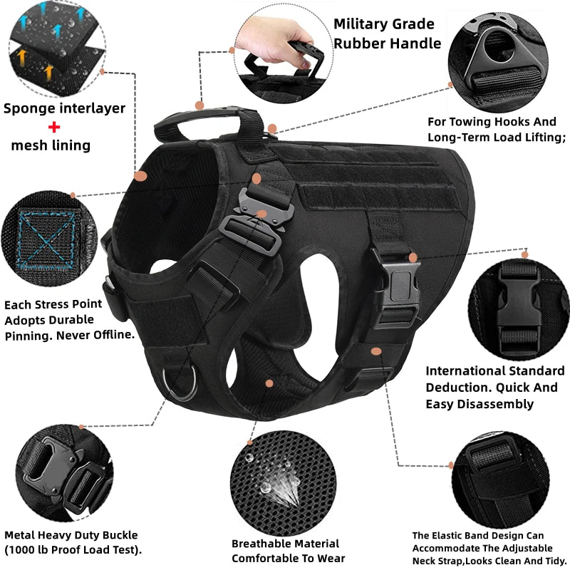 Tactical Military Vest for Dogs - German Shepherd, Golden Retriever, and All Breeds - Complete Training Harness and Leash Set, K9