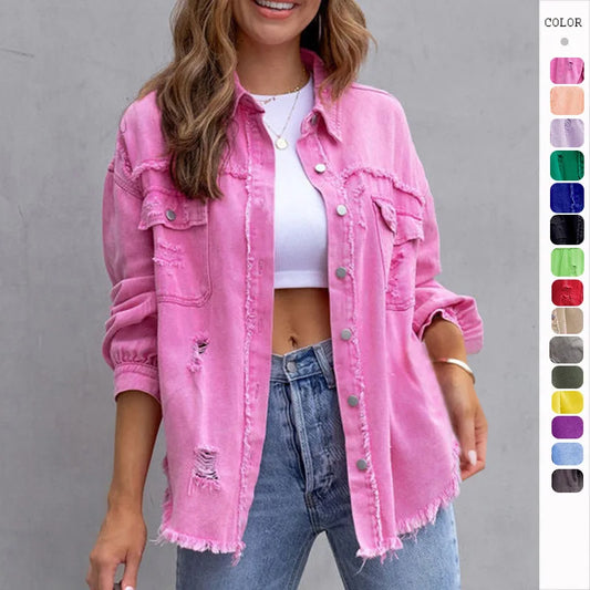 2024 Raw-edges Women's Spring, Autumn Shirt Style Denim Jacket Top Rose-Red Orange Purple Outerwear Lady Coat in Jeans