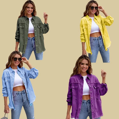 2024 Raw-edges Women's Spring, Autumn Shirt Style Denim Jacket Top Rose-Red Orange Purple Outerwear Lady Coat in Jeans