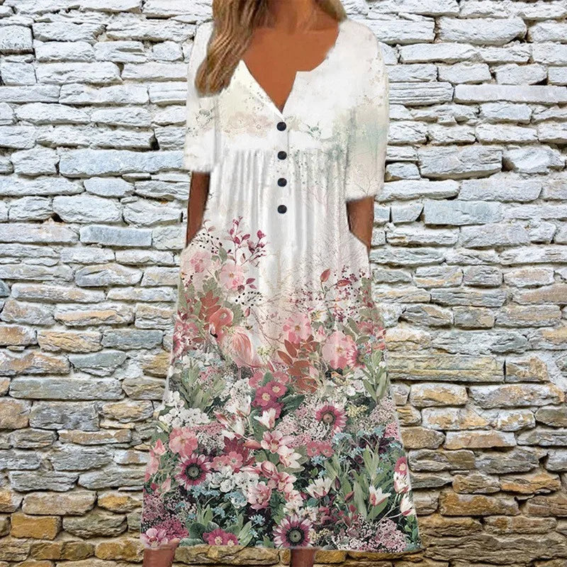 Elevate your style with our newest addition for Spring/Summer 2024 - the Cross-border Print Pocket V-neck Long Dress