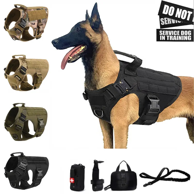 Tactical Military Vest for Dogs - German Shepherd, Golden Retriever, and All Breeds - Complete Training Harness and Leash Set, K9