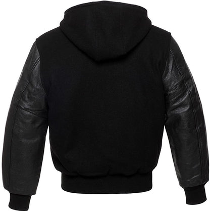 Black Wool/Black Leather Hooded Varsity Jacket