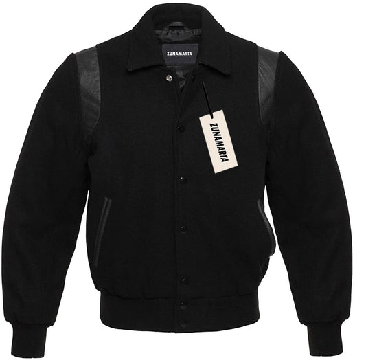Black Wool/Black Leather Retro Varsity Jacket