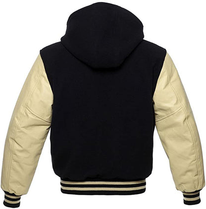Black Wool/Cream Leather Hooded Varsity Jacket