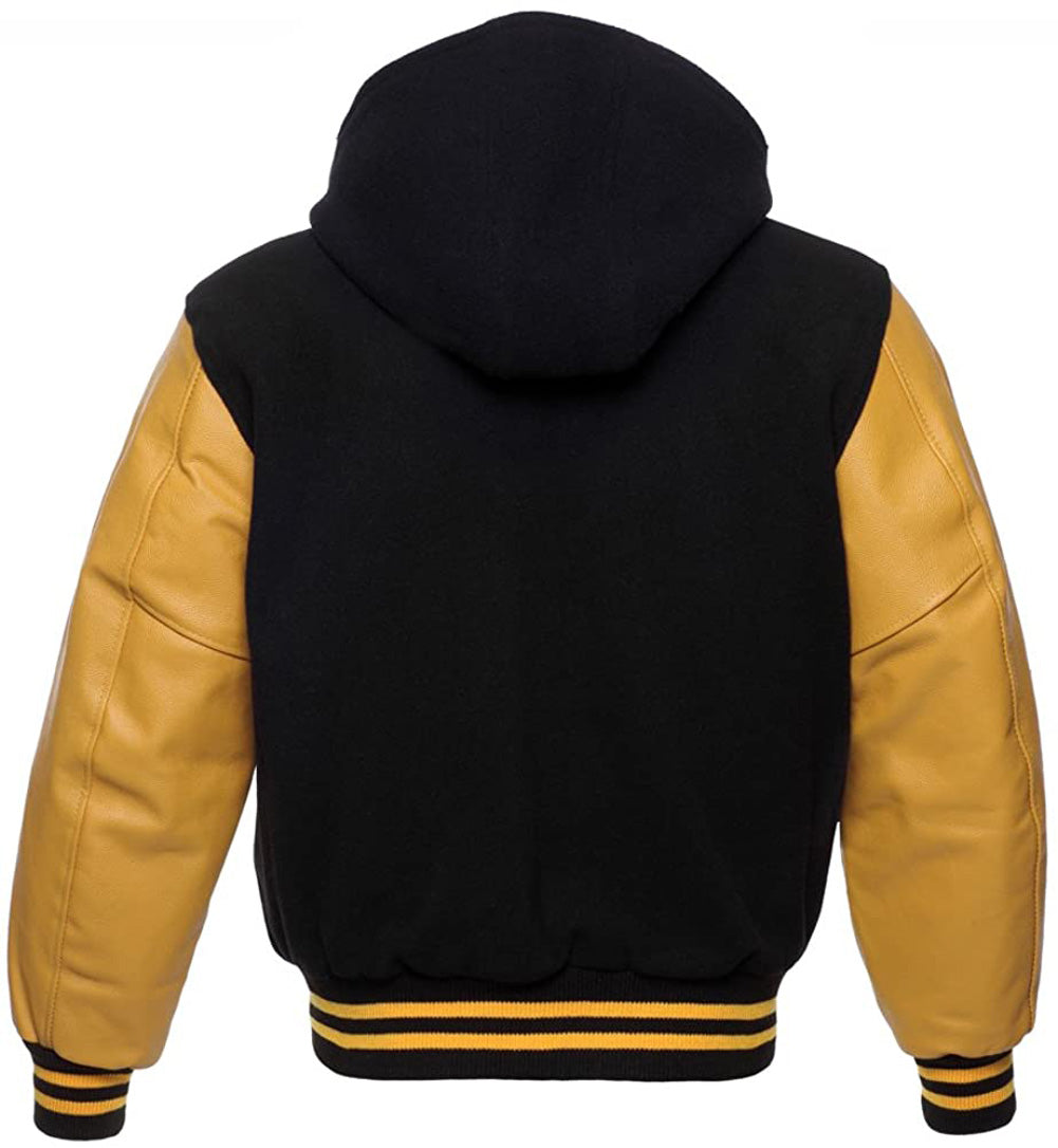 Black Wool/Gold Leather Hooded Varsity Jacket