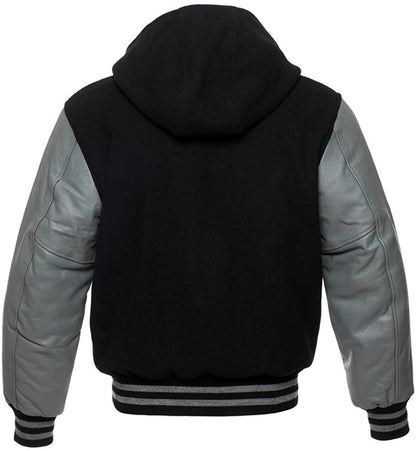 Black Wool/Gray Leather Hooded Varsity Jacket