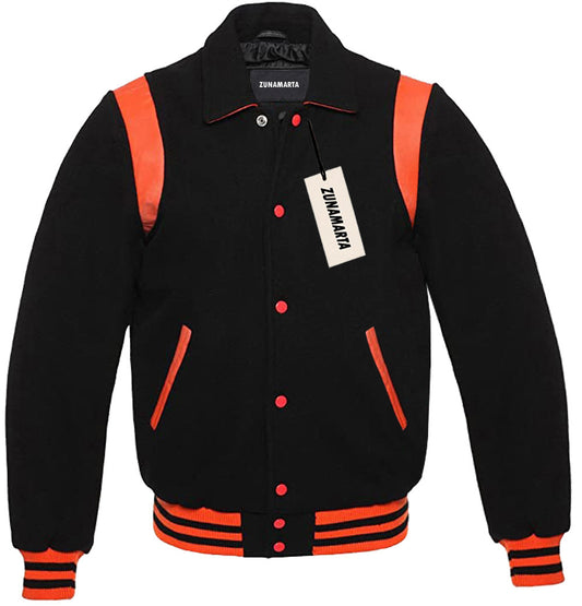 Black Wool/Orange Leather Retro Varsity Jacket