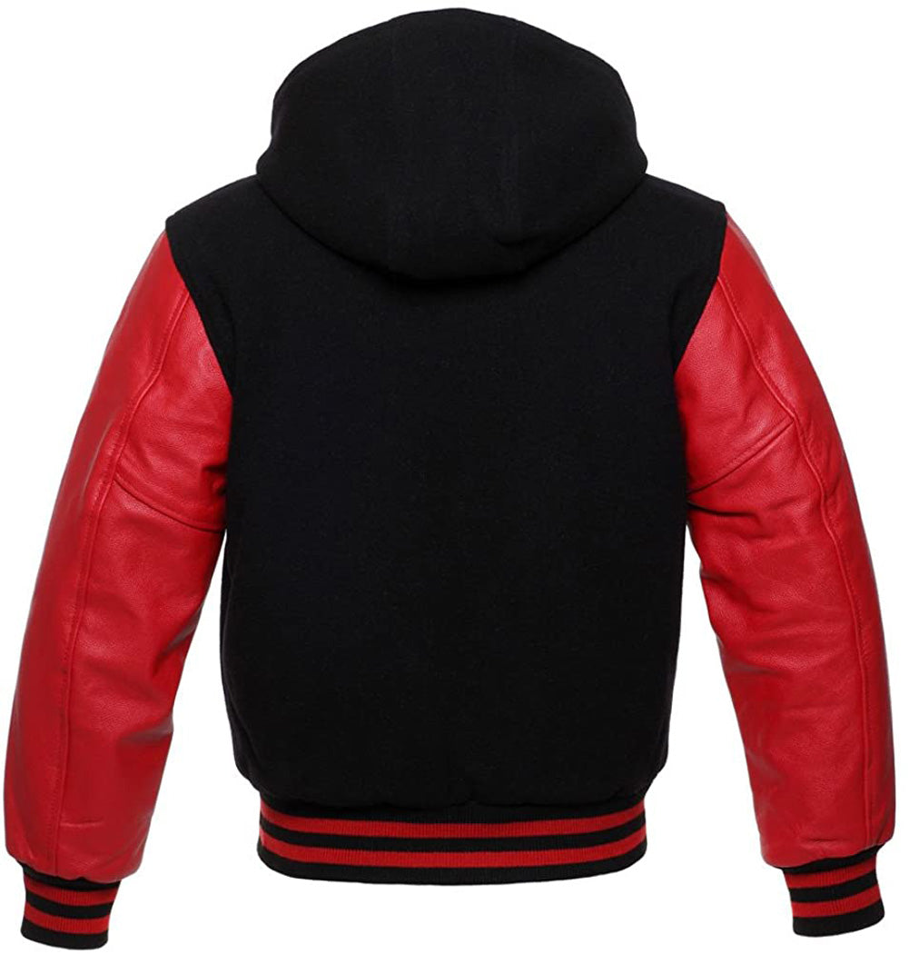 Black Wool/Red Leather Hooded Varsity Jacket