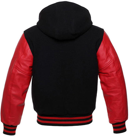 Black Wool/Red Leather Hooded Varsity Jacket