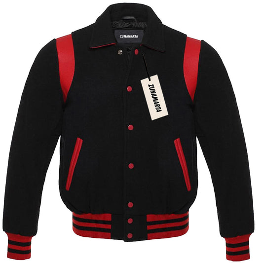 Black Wool/Red Leather Retro Varsity Jacket