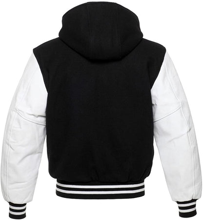Black Wool/White Leather Hooded Varsity Jacket