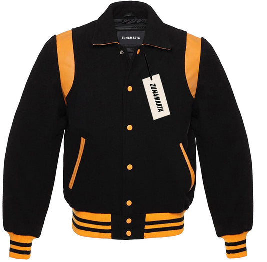 Black Wool/Yellow Leather Retro Varsity Jacket