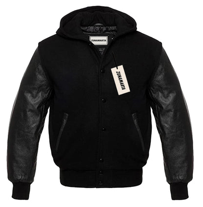 Black Wool/Black Leather Hooded Varsity Jacket