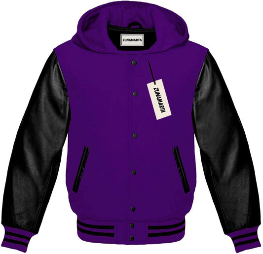 Purple Wool/Black Leather Hooded Varsity Jacket