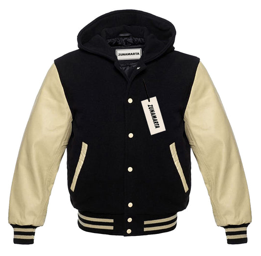 Black Wool/Cream Leather Hooded Varsity Jacket