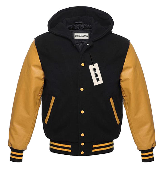Black Wool/Gold Leather Hooded Varsity Jacket
